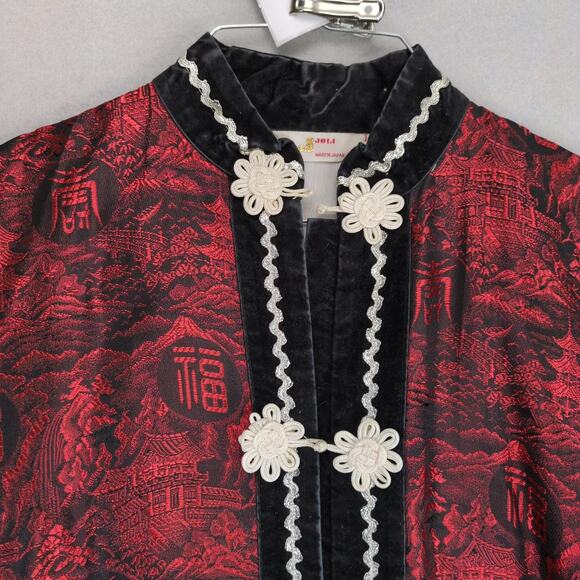 Vtg Joli Made Japan Silk Brocade Jacket Robe L Red Black Kimono Mandarin Collar - Picture 7 of 10